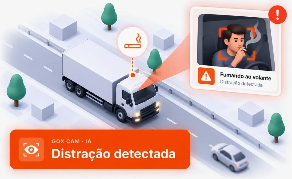 Ilustração isométrica de um caminhão baú com o GoX Cam detectando distração do motorista (fumando ao volante) e faixa 'Distração detectada'