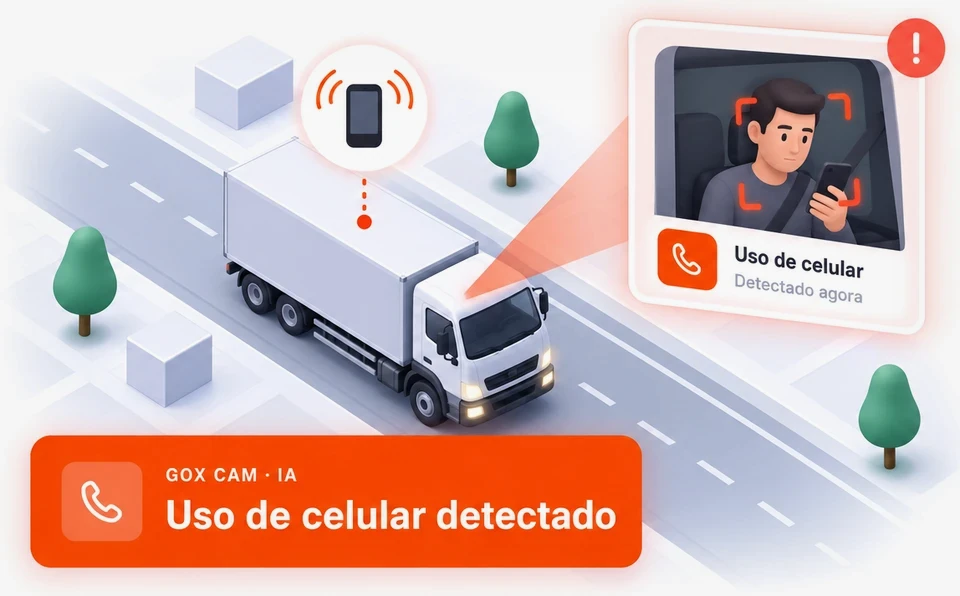 Ilustração isométrica de um caminhão baú com o GoX Cam detectando uso de celular pelo motorista e faixa 'Uso de celular detectado'
