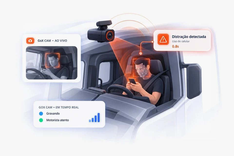 Câmera com IA detectando distração do motorista na cabine