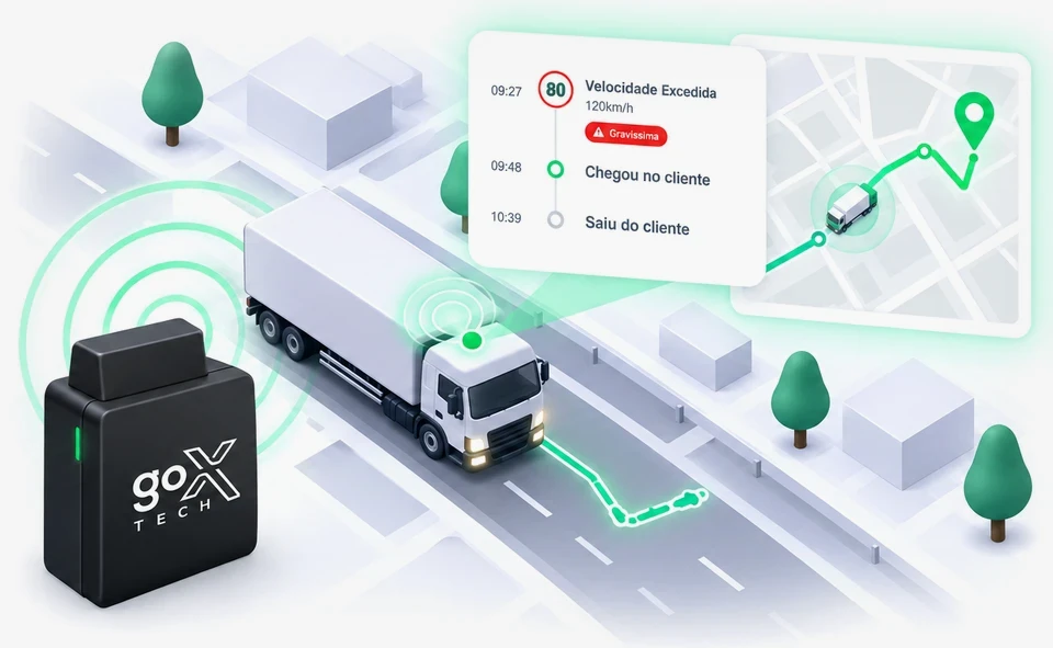 Ilustração isométrica do aparelho GoX Tech com sinal ativo e de um caminhão em rota, com a linha do tempo de eventos (velocidade excedida, chegada e saída do cliente) e mapa com o trajeto
