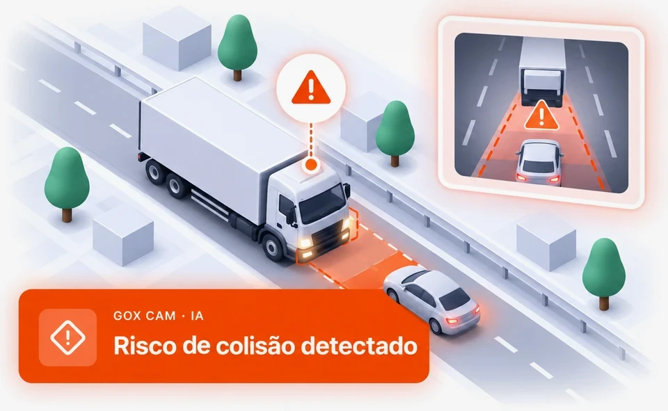 Ilustração isométrica de um caminhão baú com o GoX Cam detectando risco de colisão com o carro à frente e faixa 'Risco de colisão detectado'