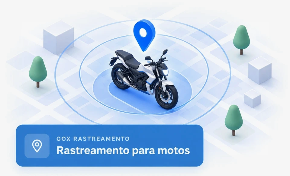Ilustração isométrica de uma moto rastreada por um pin de localização, com o selo GoX Rastreamento para motos