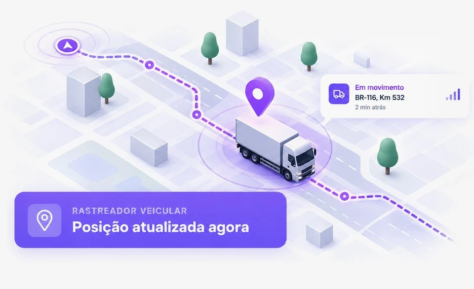 Ilustração isométrica de um caminhão em movimento na BR-116, com a rota percorrida, o pin de localização e o selo Rastreador veicular: posição atualizada agora