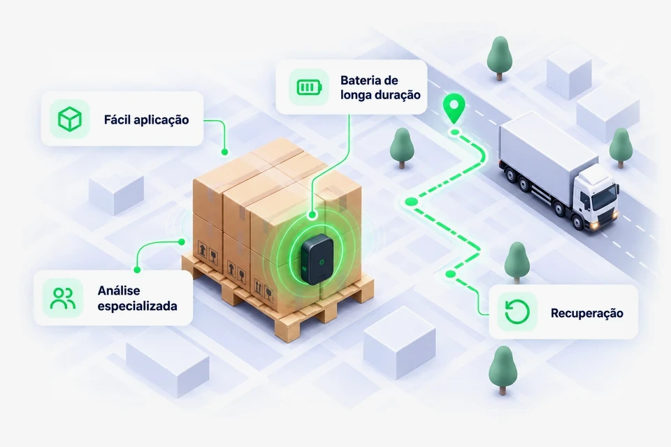 Isca de carga fixada em pallet com sinal ativo e rota monitorada