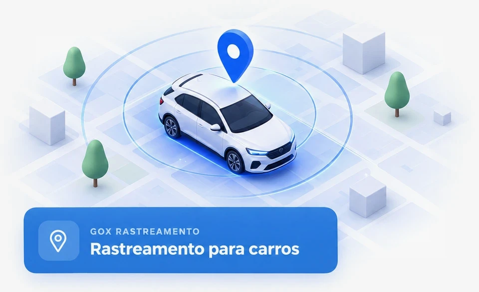Ilustração isométrica de um carro branco rastreado por um pin de localização, com o selo GoX Rastreamento para carros