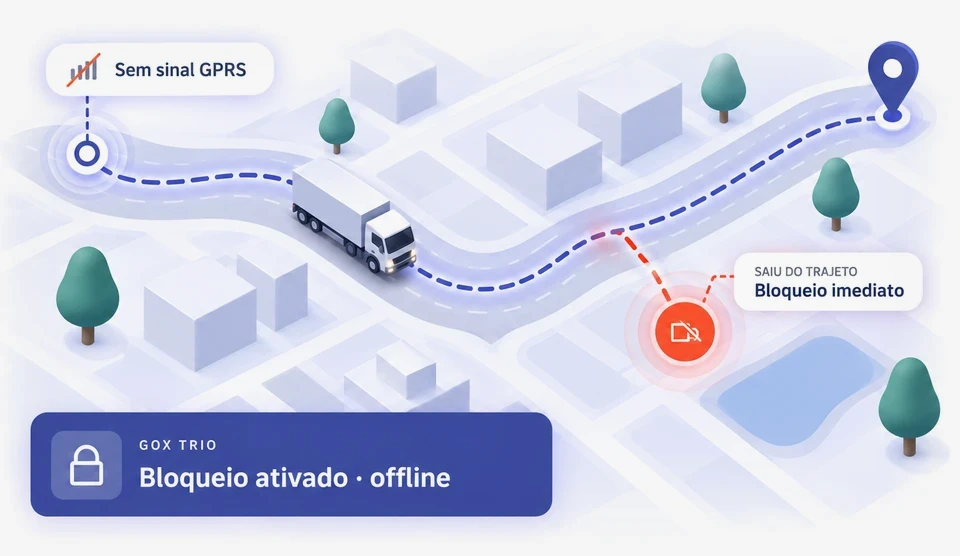 Ilustração isométrica de um caminhão em rota gravada, com aviso Sem sinal GPRS, saída do trajeto e faixa Bloqueio ativado offline