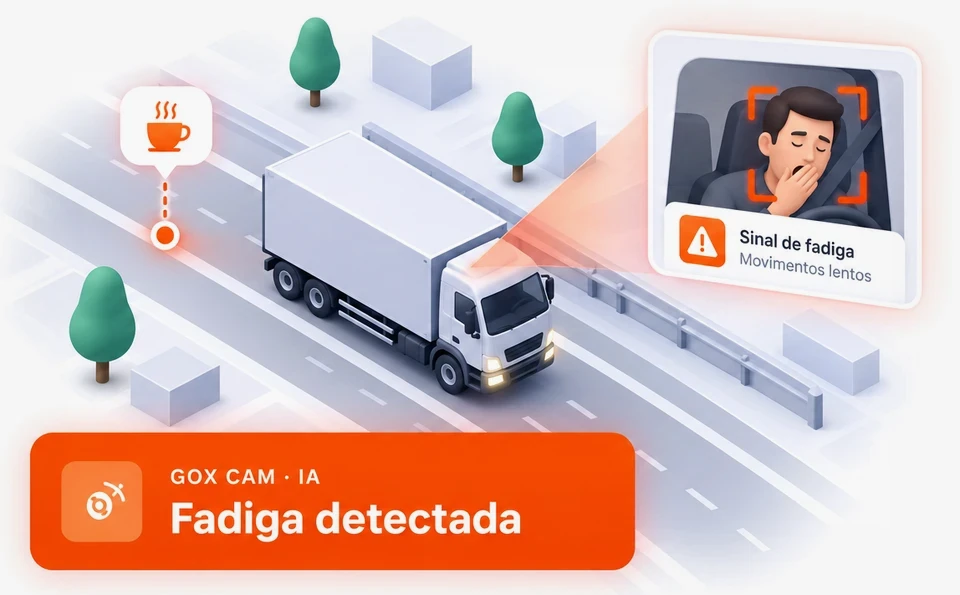 Ilustração isométrica de um caminhão baú com o GoX Cam detectando sinal de fadiga (motorista bocejando, movimentos lentos) e faixa 'Fadiga detectada'