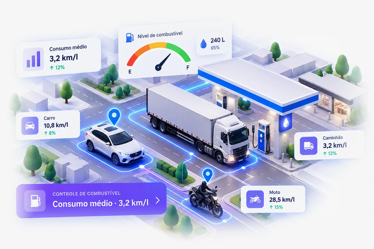 Ilustração isométrica de um caminhão, um carro e uma moto ao redor de um posto de combustível, com o medidor de combustível (240 L, 65%), cartões de consumo por veículo e o selo Controle de combustível: consumo médio 3,2 km/l