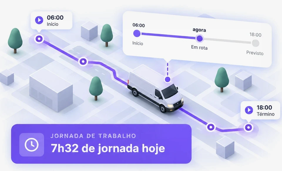 Ilustração isométrica de uma van em rota com linha do tempo da jornada (início 06:00, em rota, término 18:00) e card de 7h32 de jornada hoje