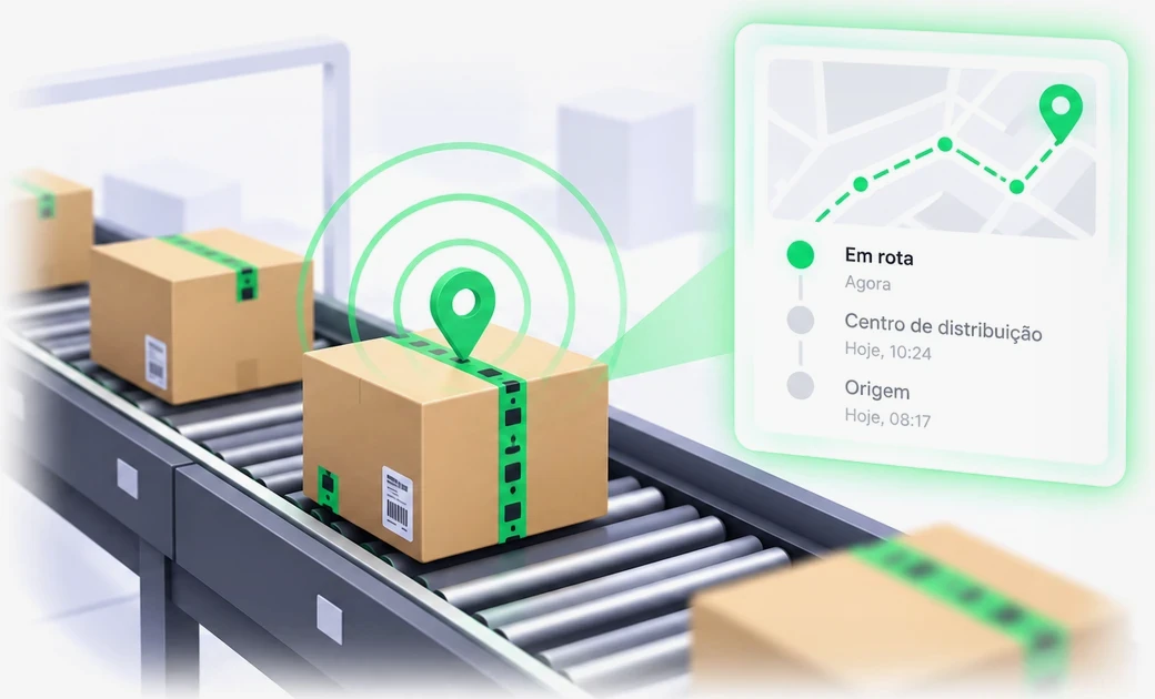 Ilustração de caixas em uma esteira de armazém com a isca GoX ativa em uma delas, ondas de sinal verdes e cartão com a rota da carga (origem, centro de distribuição, em rota)