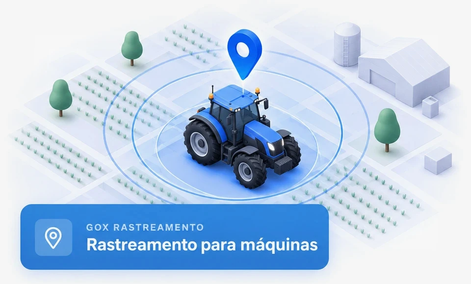 Ilustração isométrica de um trator azul rastreado por um pin de localização em uma fazenda, com o selo GoX Rastreamento para máquinas