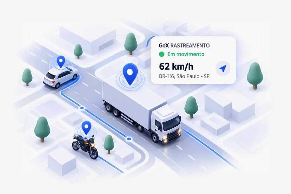 Caminhão, carro e moto rastreados em tempo real sobre mapa, com painel de velocidade